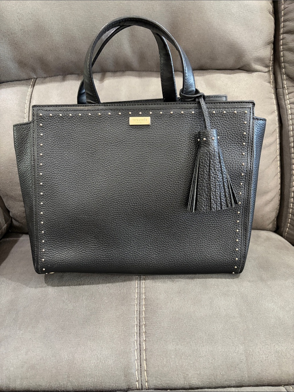 Kate Spade Black Gold Studded Satchel Bag with Tassel -